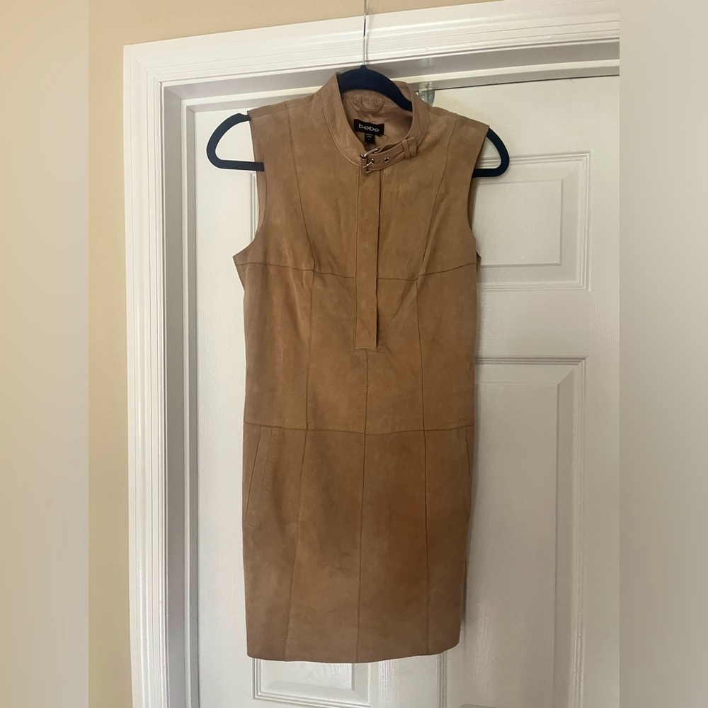 Suede leather mini dress -pockets, tan